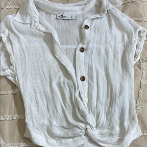 Hollister White Ribbed Button Down Shirt with Notched Collar